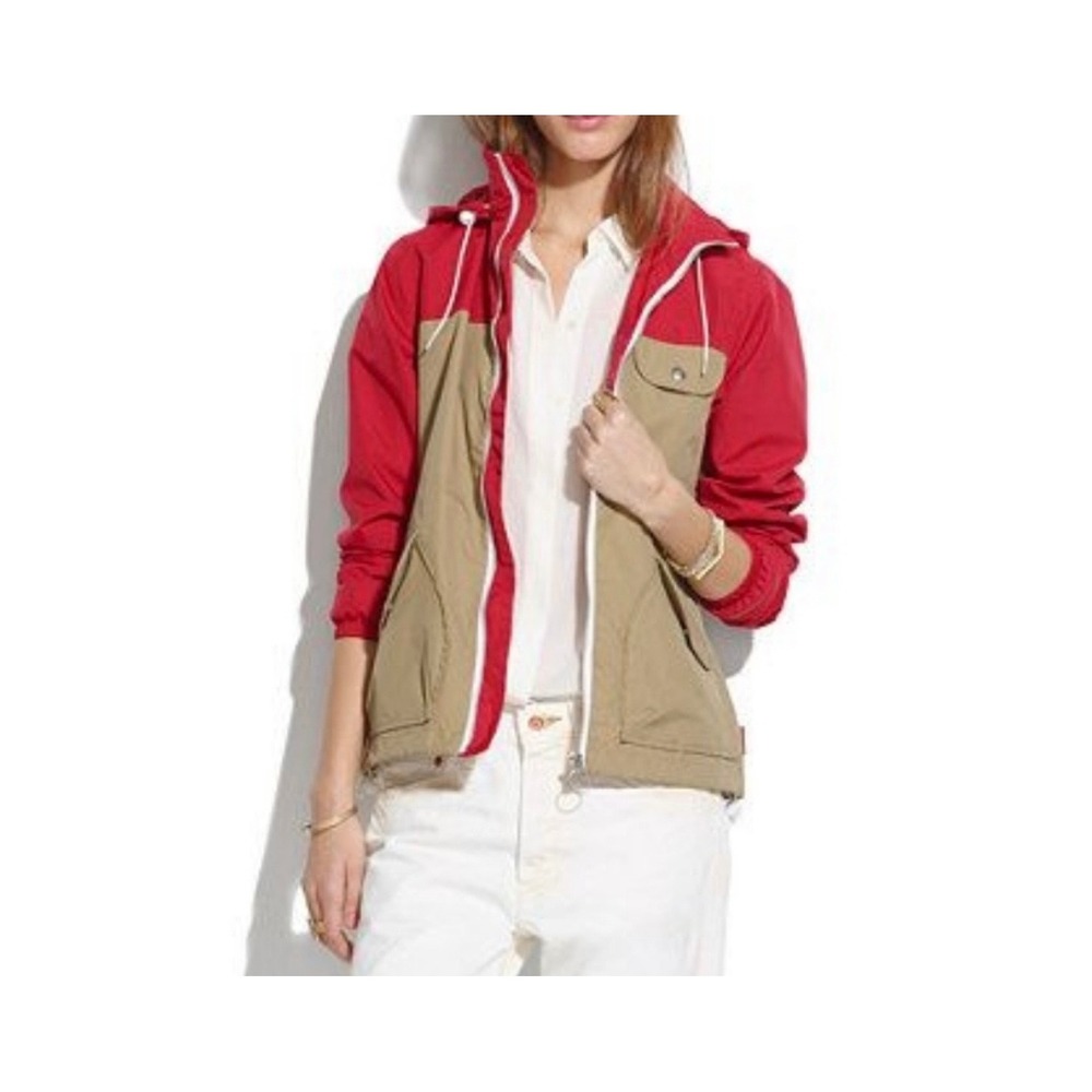 Penfield Womens Colorblock Windbreaker Jacket Red Tan Hooded Full Zip Small